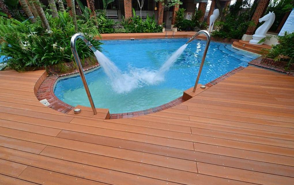 wood decking at the pool side